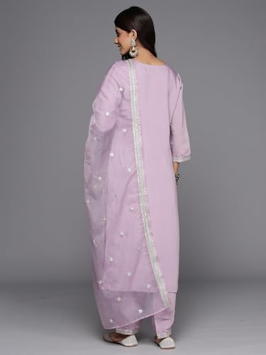 Image of INDO ERA Women's Embroidered Silk Blend Calf Length Straight Kurta & Pant with Dupatta Set | Kurta Sets For Woman