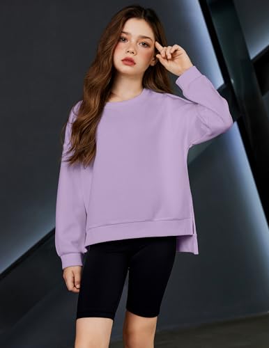 Image of Arshiner Girls Crewneck Sweatshirt Long Sleeve Pullover Tops Drop Shoulder Sweatshirts Side Split | Drop Shoulder Sweatshirt Cute Casual Sweatshirt Fall Winter Sweatshirts