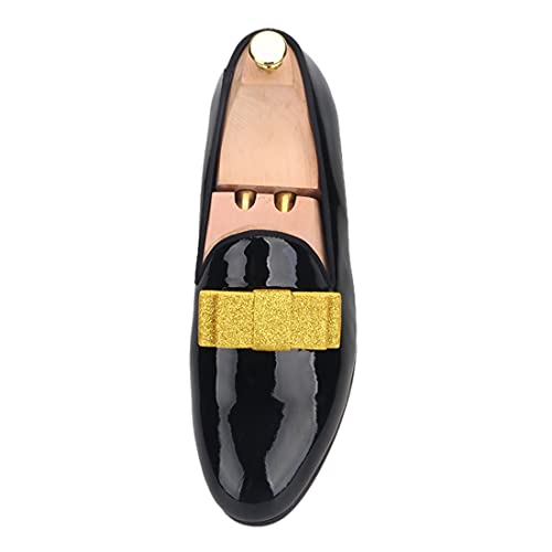 FERUCCI Men Plain Black Patent Leather with Gold Bow Slippers Loafers Prom Wedding