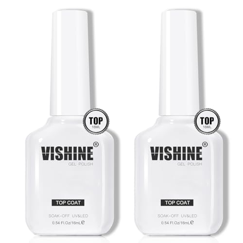 Vishine 2 Pcs of 16ml No Wipe Top Coat, High Gloss Finish Clear Top Coat for UV LED Light Cure Gel Nail Polish Set Long-lasting Salon Quality Nail Art Design