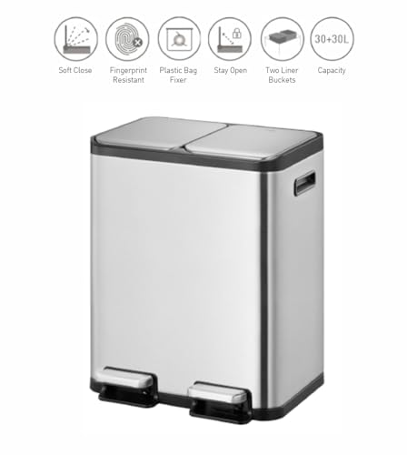 Image of Obsessions EKO Stainless Steel Dual Step Trash Can for Recycling, 30+ 30L Rectangular Kitchen Dustbin, Independent Pedals and Lids, Soft Close and Fingerprint Resistant, Metallic