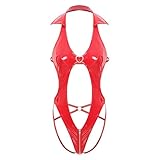 [Runhomal] オープンクロッチ 深いⅤネック パテントレザー tバック テディ ボディースーツ ハイレグ レオタード ジッパー付 穴開き バックレス 過激 ナイトクラブ衣装 レッド 3XL
