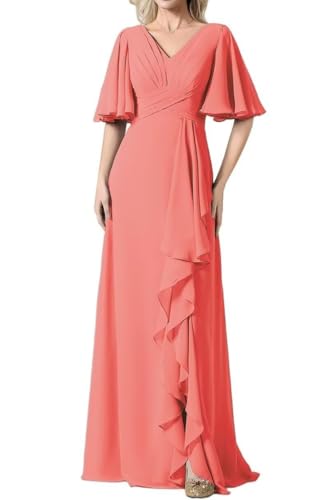 Robes de demoiselle d'honneur à manches courtes pour mariage en mousseline plissée formelle soirée robe maxi avec fente AH162, saumon, 44