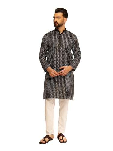 Image of SOJANYA (Since 1958 Men's Silk Blend Contrast White Thread Detailing Kurta With White Pyjama