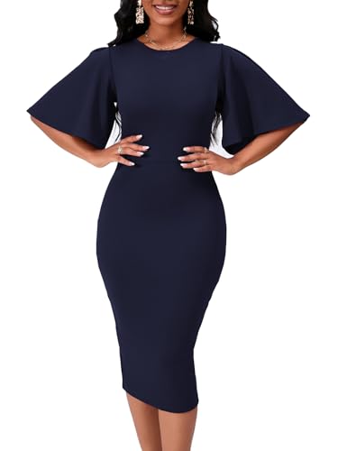 Image of WanMem Womens Basic Bodycon Ruffle Flared Short Sleeve Pencil Midi Dress