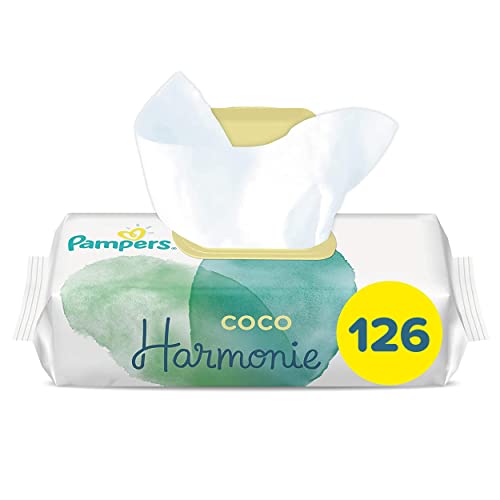 Pampers Toallitas de bebé Harmonie Coco 0%, 126 toallitas (lote de 3 x 42), sin alcohol, aceite de coco orgánico para hidratar y proteger la delicada piel de los bebés, testadas dermatológicamente