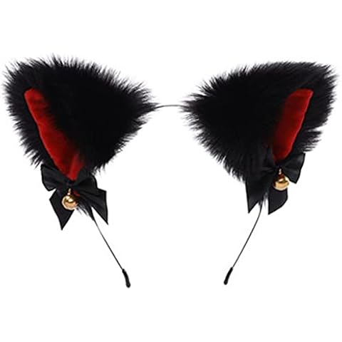 YESBOR Cosplay Wolf Ears Costume Makeup Headband with Bells Bows Black Red One Size Cover