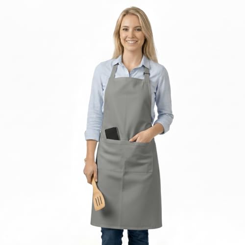 LivinEase Unisex Adjustable Bib Aprons - Stylish Grey Chef Aprons with Double Pockets for Men and Women – Ideal for Cooking, Gardening, and Barbecue Aprons (Pack of 1)