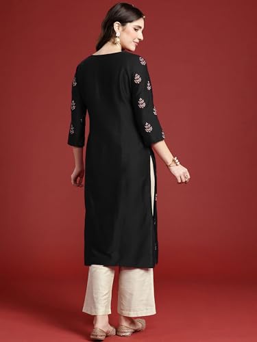 Image of Women's Embroidered Kurti, Ethnic Floral Motif Print, 3 /4 Sleeves, Side Slit
