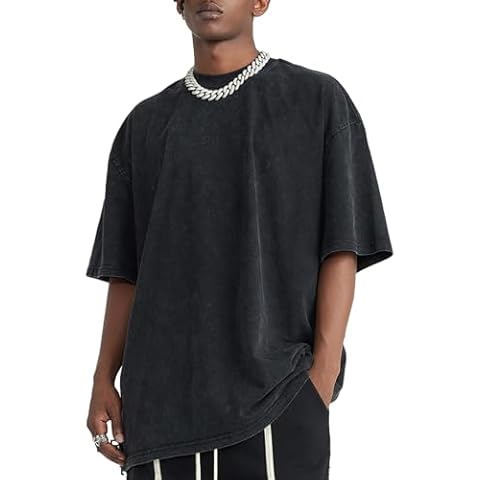 Bobeutou Oversized Vintage Acid Wash Tshirt for Men Cotton Solid T Shirt Streetwear Basic Tees Casual Baggy Loose Shirts Tops (Black,L,Large) Cover