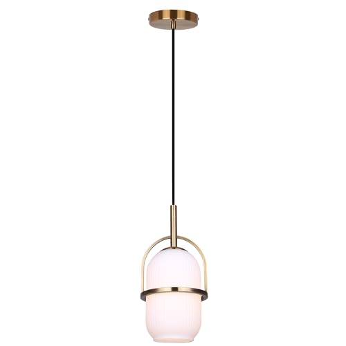 Luna 6-Inch Pendant Light, Gold Finish with Ribbed Glass Shade, Adjustable Cord Height, LED Bulb Compatible Modern Lighting for Kitchen Island or Hallway by Canarm Ltd. - Used condition - CA$56.13