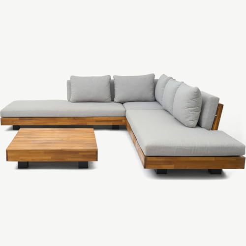HOMIFAB Salon de Jardin d'angle 5 Places en Bois FSC et Coussins Gris chiné - Capri