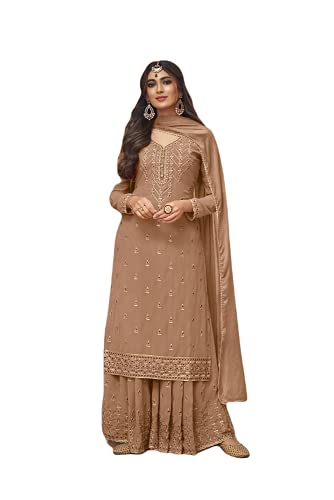 Prija Collection Ready to Wear Indian Pakistani Wedding Wear Party Wear Designer Palazzo Straight Salwar Suit for Womens (Beige, M)