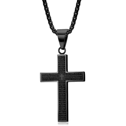Collier Croix pour Homme en Noir Inoxydable - Pendentif Croix Acier Inoxydable avec Chaîne Réglable - Bijoux Chrétien Catholique - Idéal pour Hommes, Femmes et...