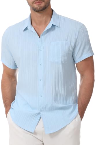 Zyvrenix Mens Casual Short Sleeve Button Down Textured Shirts Light Blue M - image 1