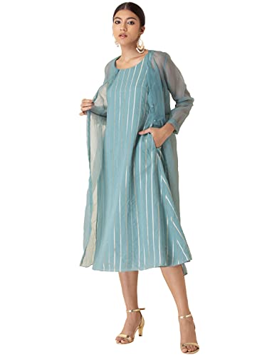 Image of Indya Women's Fit and Flare Cotton Striped Chanderi Dress with Organza Jacket Midi
