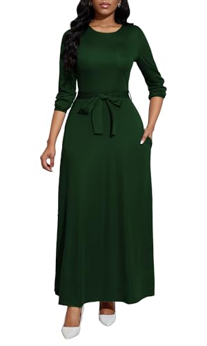 Image of BubFee Long Dress for Women Casual Long Sleeve Dresses Maxi Dress Empire Waist Loose with Belt