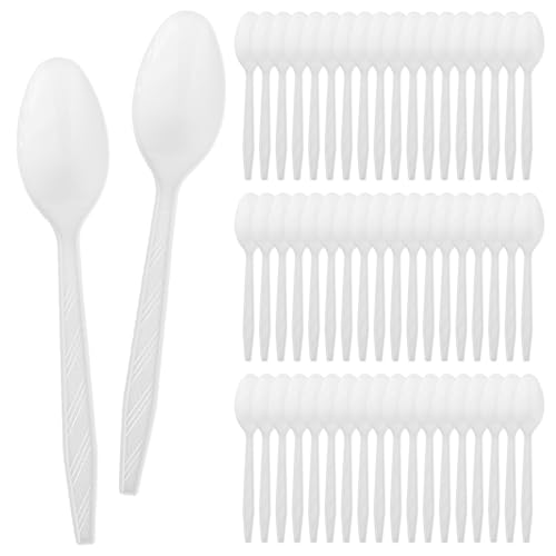 100 Cucharas de Plástico Reutilizables Blanco Reutilizables Resistentes Lavables A Mano Reusable Ovalados Pequeñas de Postre Plástico para Fiestas en Interiores y Exteriores y Restau