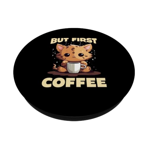 coffee first sweet cat kitty caffeine lovers PopSockets Swappable PopGrip, Black - Image 2