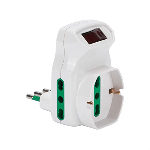 FANTON 87317 Adaptador Triple Enchufe pequeño 10A – 2 Tomas bipaso 16A – 1 Toma bipaso italial/Alemana schuko con Interruptor – Protección contra sobrecarga Blanca