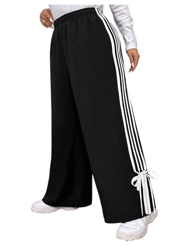 Verdusa Women's Plus Size Bow Striped Wide Leg Long Pants High Rise Casual Loose Trousers