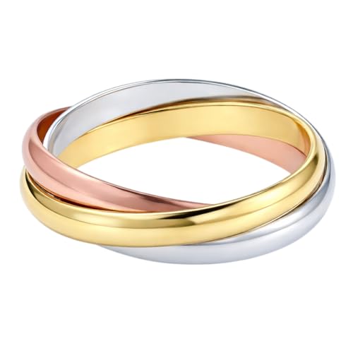 Bague Femme 3 Anneaux Entrelacés en Plaqué Or 18 Carats - Alliance Tricolore Or Jaune, Rose et Blanc - Anneaux Mobiles 3mm Design Intemporel - Tailles 48 à...