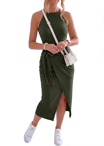 Image of NOLLSOM Women Casual Sleeveless Striped Tank Midi Dresses Halter Neck Ruched Bodycon Dresses Tie Waist T Shirt Summer Dress