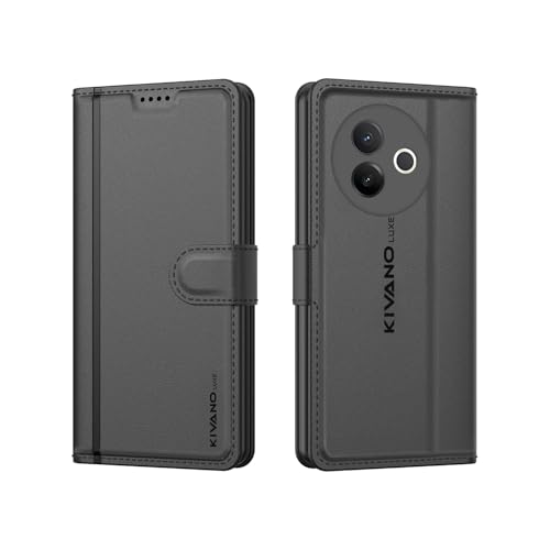 Image of KIVANO LUXE Compatible for Vivo Y39 5G Luxury Handmade Leather Magnetic Flip Folio Case | Card Holder & Kickstand | Slim Protective Cover | Unisex - Black