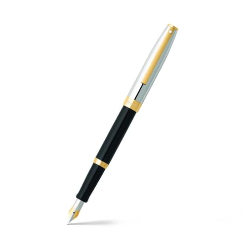Image of Sheaffer Fountain Pen Sagaris 9475 Gloss Black Barrel and Chrome Cap With Gold Tone trim | Medium Nib | Premium Black Pen