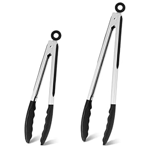 Homikit Kitchen Tongs Set of 2, Stainless Steel Food Tongs with Silicone Tips, Non-Slip Handle & Locking Clip, Heat Proof Ideal for Cooking/Serving/Buffet/Barbecue- 9 & 12 Inch, Black