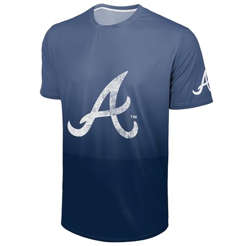 FOCO MLB Men's Official Distressed Primary Logo Polyester Gradient T-Shirt (US, Alpha, X-Large, Regular, Regular, Atlanta Braves - Navy, Atlanta Braves)