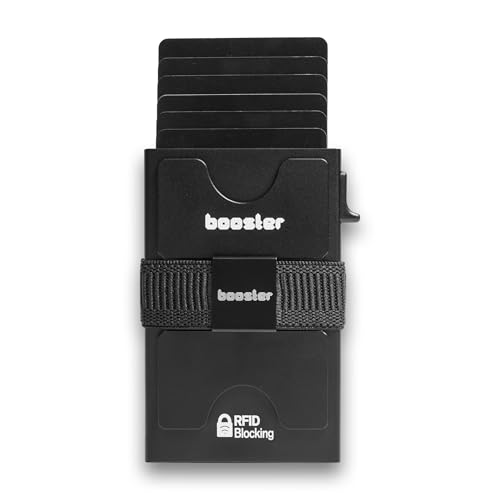 Image of Thin Aluminum Booster Wallet for Men, Durable Stretch Back Plate, Minimalist Metal Pop Up Wallet with RFID Lock, Holds 12+ Cards Plus Cash 1, One Size, Modern (Jet Black)
