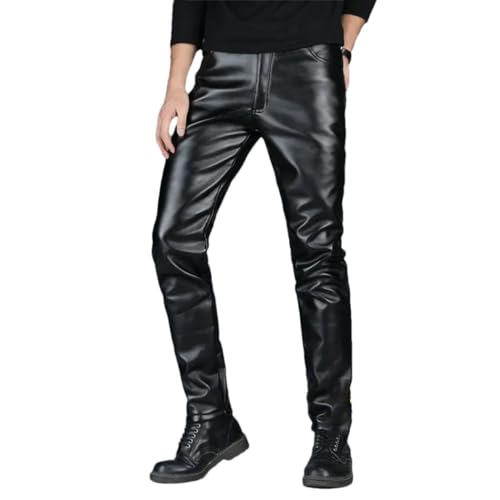 FULBHPRINT Men’S Winter Fleece-Lined PU Leather Pants Stretch Slim Fit Thickened Motorcycle Riding Trousers with Tapered Legs