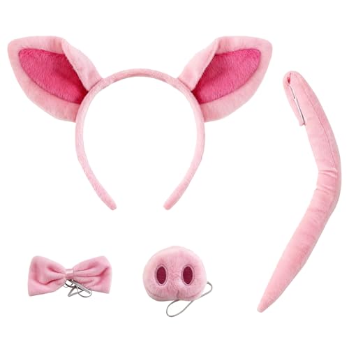 DvBCNMe 4-teiliges Schwein Kostüm, Kostüm Schwein mit Schwein Haarreif, Schweinenase, Schweineschwanz und Fliege, Perfektes für Halloween, Schulaufführungen, Rollenspiele und Karneval Partys