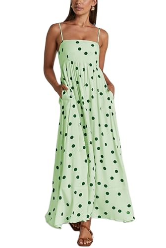 Image of Yuemengxuan Boho Maxi Dresses for Women Spaghetti Strap Flowy Smocked Long Dress Casual Summer Vacation Beach Maxi Dress