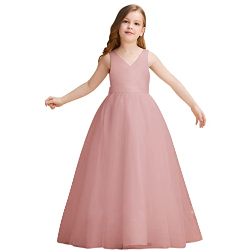Toddler Kids Child Girls Solid Tulle Dress Pageant Gown Birthday Party Dress V Neck Sleeveless (Pink, 9-10 Years)