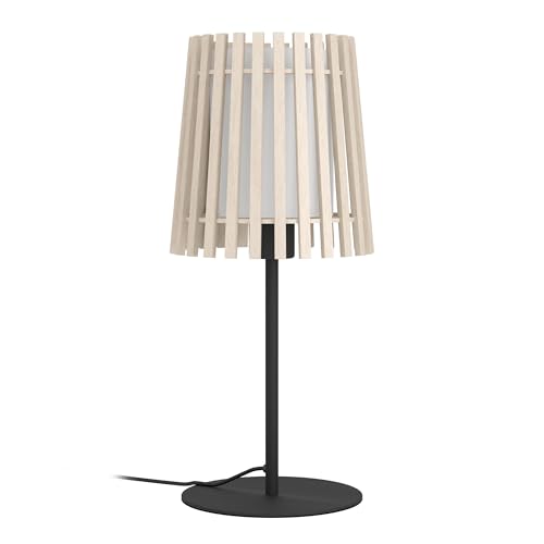 EGLO Tischlampe Fattoria, natürliche Nachttischlampe, Tischleuchte aus hellem Holz und weißem Textil, Tisch-Lampe für Wohnzimmer und Schlafzimmer, E27 Fassung