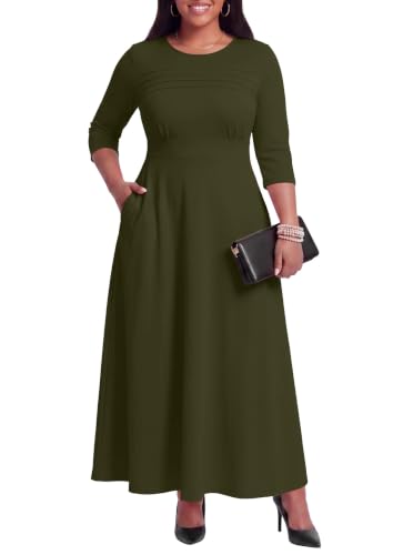 Image of FANDEE Fit-and-Flare Maxi Dress Round Neck Pleated Front Side Pockets | Front pleats soft flatter your bust shape; Empire Waist lengthen your figure; 3 /4 sleeves round neck suit for many occasions