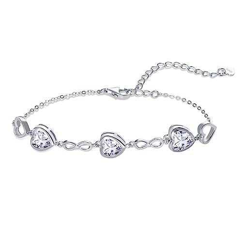 Image of Qings 3 Heart Moissanite Birthstone Bracelet for Women Sterling Silver 925 April Infinity Symbol Adjustable Link Bracelets with Cubic Zirconia Charms Friendship Family Birthday Gifts for Girls Her