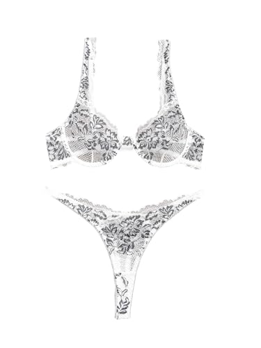 Image of Lilosy Sexy Floral Lace Scallop Underwire Push Up Sheer Lingerie Set Outfits