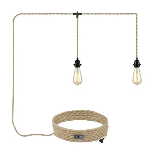 JZCDR Hanfseil Pendelleuchte mit Stecker 2 Flammig E27 Fassung mit 6M Textilkabel Pendellampe Kit mit Schalten und Eu Stecken Vintage Seil Lampe DIY Hängeleuchte für Esszimmer Schlafzimmer