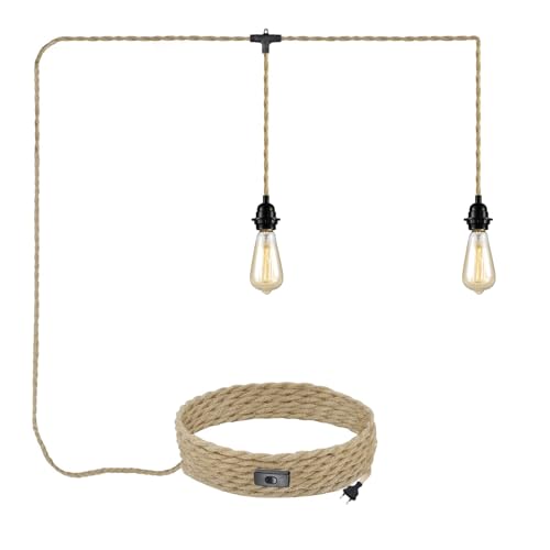 JZCDR Lampe Suspendue à Corde de Chanvre avec Prise 2 Douilles E27 Câble Textile 6M Kit...