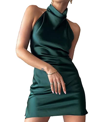 xxxiticat Women's Halter Neck Mini Satin Dress Elegant Wedding Party Club Sleeveless Backless Split Hem Bodycon Slip Dresses2
