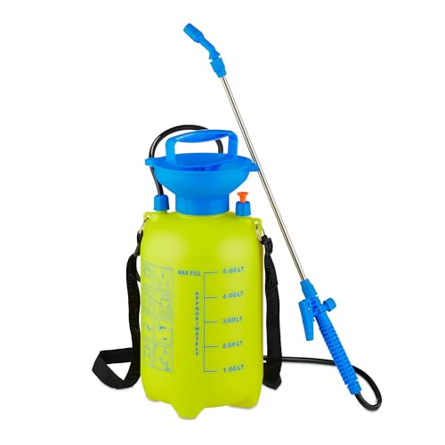 Relaxdays Drucksprüher mit Lanze, 5 Liter, verstellbare Düse, Pflanzenpflege & Reinigung, Sprühflasche Garten, gelb/blau