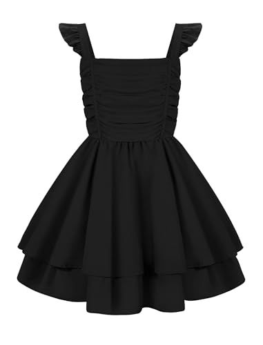 EXARUS Girls Summer Dress Teen Party Dance Graduation Daily Vacation Beach Picnic Boho Tween Semi Formal Wedding Sundress Flowy Bow Short Tiered Smocked Princess Seam Dresses Black 10Y