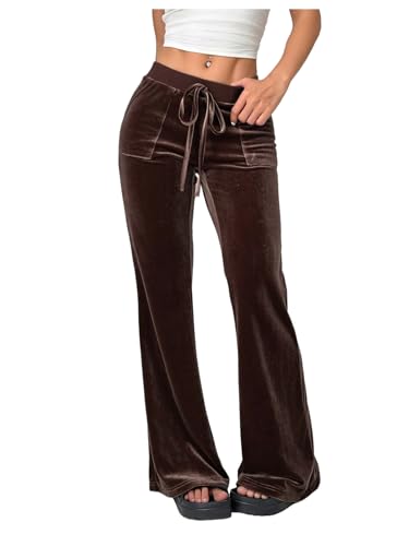 Floerns Women's Velvet Drawstring Waist Bell Bottom Flare Leg Long Pants with Pockets