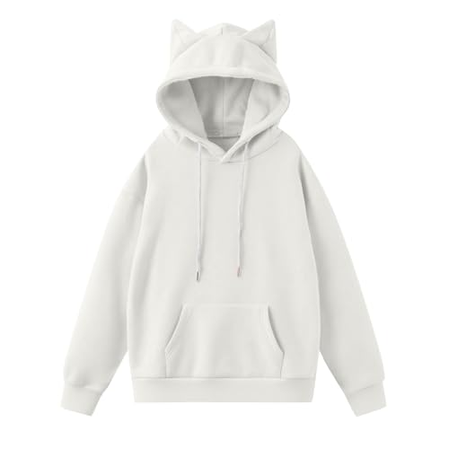 Cat Ear Hoodies for Women Round Neck Long Sleeve Kawaii Anime Print Hooded Sweater Cute Top Hoodies Pullover,White,Large