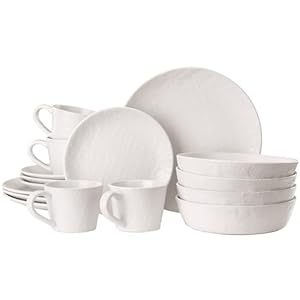 Navaris Servizio Piatti 4 Persone con 4 Tazze – Set 12 Piatti Moderni Colorati Particolari – Accessori Cucina Stile Moderno – Servizi Tavola in Ceramica – Gres Bianco Effetto Lino