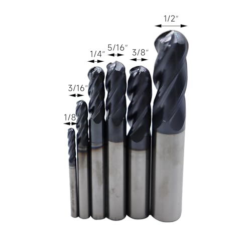 Image of 6Pcs1 /8in,3 /16in,1 /4in, 5 /16in,3 /8in,1 /2in Solid Carbide Ball Nose End Mills Set,4 Flute,30 Degree Helix,AlTiN Coated CNC Router Bit for Medium Hardness Steel, Brass, Iron