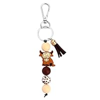 Highland Cow Keychain with Cute Beads & Tassel Highland Cow Gifts for Women Western Keys & Bags Accessories in 2 Colors (Silver)